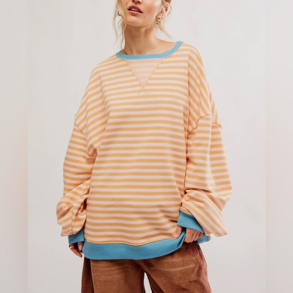 New Free People Classic Striped Oversized Crewneck Large latte combo